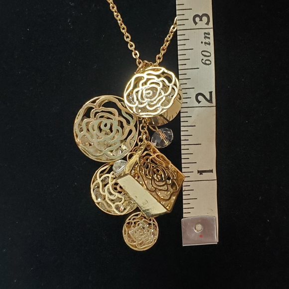 C1946 Long Gold Tone Cluster Charm Necklace - Picture 12 of 12